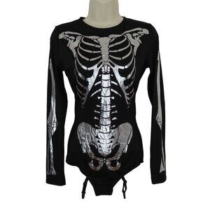 Foreplay Small Medium S/M Black Silver Skeleton Bones Long Sleeve Bodysuit NEW
